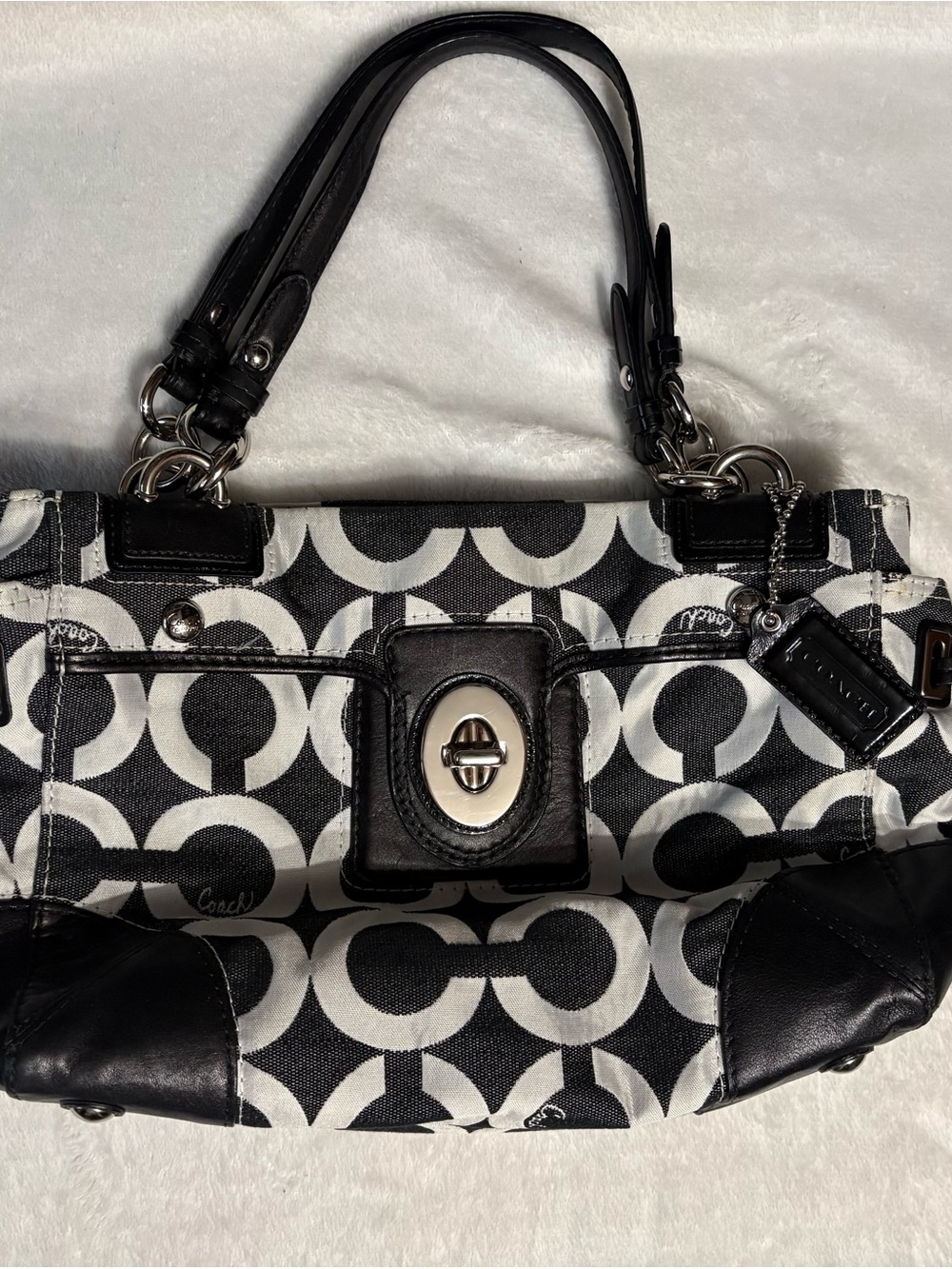 Coach Black & White Signature Canvas Shoulder Bag with Turnlock Pocket